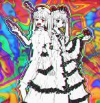  1girl bags_under_eyes bare_shoulders blood blood_from_mouth bow buttons chromatic_aberration crown crying dress dual_persona glitch hat hatsune_miku highres holding holding_mushroom holding_syringe long_hair magical_doctor_(vocaloid) misowhite multicolored_background mushroom mushroom_on_head nosebleed nurse nurse_cap object_through_head open_mouth outline red_eyes surreal syringe syringe_in_head teeth twintails upper_teeth_only vocaloid wide_sleeves 