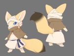  anthro bandage bandaged_leg barefoot big_ears blonde_hair blue_eyes braided_hair canid canine clothed clothing covered_mouth dipstick_tail feet female fennec fox front_and_back fur grey_background hair headgear headwear hi_res kemono mammal markings model_sheet paws pink_nose poncho religious_clothing religious_headwear robe sash semi-anthro side_braid simple_background solo tail tail_markings tan_body tan_fur turban ukan_muri 