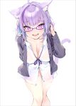  1girl ahoge animal_ear_fluff animal_ears blue_hair breasts cat_ears cat_girl cat_tail cleavage colored_inner_hair glasses highres hololive jacket large_breasts looking_at_viewer medium_hair multicolored_hair naked_shirt nekomata_okayu nekomata_okayu_(4th_costume) official_alternate_costume open_mouth purple-framed_eyewear purple_eyes purple_hair purple_jacket purple_ribbon ribbon shirt smile tail teeth tohma_jin upper_teeth_only virtual_youtuber white_shirt 