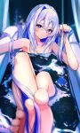  1girl amane_kanata barefoot bath bathing bathtub blue_hair blue_nails colored_inner_hair foreshortening grey_hair hair_between_eyes highres hololive long_hair looking_at_viewer multicolored_hair nail_polish partially_submerged purple_eyes solo sui._(suikun) toes very_long_hair virtual_youtuber water 