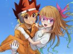  1boy 1girl blue_background brother_and_sister brown_hair carrying glass gloves hair_ribbon highres jumpsuit kanidevice looking_at_viewer multicolored_hair ohdo_yuamu ohdo_yuhi open_mouth orange_jumpsuit princess_carry purple_eyes red-framed_eyewear red_eyes ribbon siblings smile twins two-tone_hair white_gloves yu-gi-oh! yu-gi-oh!_go_rush!! 