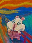  abstract_background animal_crossing blank_eyes bow bridge commentary_request fine_art_parody flurry_(animal_crossing) full_body gyroid_(animal_crossing) hamster hands_on_own_cheeks hands_on_own_face hands_up kopa_nishikida open_mouth parody pink_bow pink_shirt shirt standing surprised the_scream 