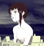  1girl asymmetrical_hair breasts brown_eyes brown_hair collarbone crying crying_with_eyes_open hair_ornament highres iwakura_lain noripie open_mouth partially_colored serial_experiments_lain short_hair single_sidelock small_breasts solo teardrop tears topless upper_body x_hair_ornament 