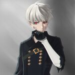  1boy black_gloves black_jacket blood blood_on_face commentary dirty dirty_face english_commentary expressionless eyebrows_hidden_by_hair gloves grey_hair highres jacket male_focus nier:automata nier_(series) red_eyes shirl_geem solo twitter_username upper_body watermark wiping_face yorha_no._9_type_s 