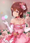  1girl absurdres bare_shoulders blush breasts brown_hair bug butterfly choker cleavage collarbone detached_sleeves dress falling_petals flower flower_ornament glowing_butterfly highres idolmaster idolmaster_million_live! kasuga_mirai koaya looking_to_the_side one_side_up petals pink_choker pink_dress pink_flower pink_rose rose small_breasts solo 