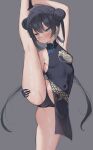  1girl absurdres arm_up bare_legs black_dress black_gloves black_hair black_panties blue_archive blush breasts cameltoe china_dress chinese_clothes double_bun dress flexible gloves grey_background grey_eyes hair_bun highres kisaki_(blue_archive) l1quid_neko leg_up long_hair looking_at_viewer panties pelvic_curtain short_dress simple_background small_breasts solo split standing standing_on_one_leg standing_split thighs twintails underwear very_long_hair 