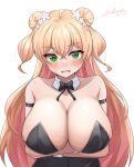  1girl @_@ alternate_costume arms_under_breasts bare_shoulders black_bow black_bowtie black_leotard blonde_hair blush bow bowtie breast_hold breasts cleavage detached_collar double_bun fang green_eyes hair_bun hashira_14 highres hololive huge_breasts leotard long_hair looking_at_viewer momosuzu_nene paid_reward_available playboy_bunny signature simple_background solo strapless strapless_leotard sweat traditional_bowtie upper_body v-shaped_eyebrows virtual_youtuber white_background 