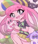  1990s_(style) 1girl absurdres animal artist_name baseball_cap black_headwear black_shirt blue_eyes blush breasts chelly_(chellyko) clownfish collarbone colored_skin drooling fish flower harmony&#039;s_clownfish_(splatoon) harmony_(splatoon) hat heart heart_in_eye highres holding long_hair open_mouth pink_background pink_hair pink_skin retro_artstyle sea_anemone shirt short_sleeves skirt small_breasts smile solo sparkle splatoon_(series) splatoon_3 stuffed_animal stuffed_squid stuffed_toy symbol_in_eye watermark yellow_skirt 