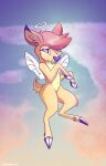  absurd_res angel belly brown_body brown_hair cloud deer deerie_(helluva_boss) digitigrade female flying fur genitals hair helluva_boss hi_res hooves mammal muffinlicious navel nude purple_eyes pussy semi-anthro sky solo solo_focus wings 