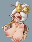  1girl absurdres breasts closed_mouth coat collarbone commentary_request cropped_torso dadada_(hukutsu_bot_) eyeshadow eyewear_on_head grey_hair hair_ornament hair_stick hand_up highres holding inverted_nipples large_areolae large_breasts looking_at_viewer makeup purah red-framed_eyewear red_eyes red_eyeshadow round_eyewear sheikah short_eyebrows short_hair simple_background solo the_legend_of_zelda the_legend_of_zelda:_tears_of_the_kingdom updo upper_body 