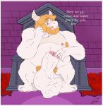  anthro asgore_dreemurr balls blonde_hair body_hair boss_monster bovid caprine cock_vore erection fur genitals goat hair hi_res jon_noj long_ears male male/male mammal penile penis size_difference smile text undertale undertale_(series) vore white_body white_fur 