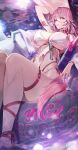  1girl :p absurdres alternate_costume amir0 animal_ears arm_tattoo breasts fox_ears genshin_impact hair_between_eyes highres japanese_clothes large_breasts long_hair looking_at_viewer pink_hair purple_eyes solo swimsuit tail tattoo thigh_strap thighs tongue tongue_out yae_miko 