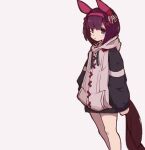  1girl alternate_costume animal_ears blunt_bangs brown_hair closed_mouth feet_out_of_frame hair_ornament hairband hood hood_down hooded_jacket horse_ears horse_girl horse_tail jacket long_sleeves looking_at_viewer nishino_flower_(umamusume) purple_eyes short_hair simple_background solo standing sudzume tail umamusume white_background x_hair_ornament 