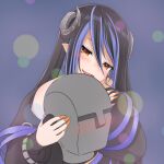  1girl binaural_microphone black_hair black_jacket blue_hair blurry blush bokeh brown_eyes brown_nails commentary_request cuore_0624 curled_horns demon_girl demon_horns depth_of_field fingernails grey_background grey_horns hair_between_eyes hebiyoi_tier highres horns jacket long_bangs long_hair long_sleeves microphone multicolored_hair nanashi_inc. neumann_ku_100 nose_blush open_mouth pointy_ears sharp_fingernails sidelocks smile solo two-tone_hair upper_body virtual_youtuber 