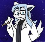  anthro apollysabyss biped blue_eyes blue_hair breasts canid canine clothing eyelashes female fox fur grey_clothing hair holding_object holding_pencil mammal pencil_(object) signature solo tail white_body white_clothing white_ears white_fur white_tail 