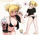  1girl absurdres alternate_hairstyle ass barefoot bikini black_bikini black_choker black_nails black_shirt blonde_hair blunt_bangs boku_no_hero_academia breasts character_print chibi chibi_inset choker claw_pose commentary cup dashi_(dashiart) dimples_of_venus disposable_cup double_bun drinking_straw english_commentary from_behind full_body hair_bun heart highres holding holding_cup kneepits leaning_forward looking_at_viewer looking_back messy_hair multiple_views nail_polish open_mouth patreon_username ponytail shirt short_sleeves simple_background single_bare_shoulder skindentation smile sparkle spoken_heart stain_(boku_no_hero_academia) swimsuit thighs toga_himiko tongue tongue_out watermark web_address white_background 