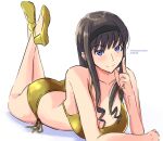  1girl alternate_costume amagami ass bikini black_hair black_hairband blue_eyes breasts closed_mouth commentary_request curly_hair dated drill_hair gold_bikini hairband highres long_bangs long_hair looking_at_viewer lying medium_breasts mitojyaneeeeyo morishima_haruka on_stomach shoes smile solo string_bikini swimsuit the_pose twitter_username white_background 