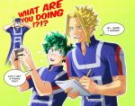  3boys :d arms_up artist_name blonde_hair blue_eyes blue_hair blue_shirt boku_no_hero_academia bruise english_text freckles glasses green_eyes green_hair highres holding holding_notebook iida_tenya injury midoriya_izuku multicolored_hair multiple_boys notebook outline red_shirt screaming selfie shirt smile speech_bubble sweat teeth trevo_(trevoshere) two-tone_hair u.a._gym_uniform upper_body watermark white_outline white_shirt writing yagi_toshinori yellow_background 