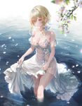  1girl absurdres bare_shoulders blonde_hair blush breasts cleavage collarbone dress flower genshin_impact hair_between_eyes hair_flower hair_ornament highres large_breasts leaf looking_at_viewer lumine_(genshin_impact) nipples petals pottsness see-through short_hair_with_long_locks skirt_hold solo thighs twitter_username wading water wet white_dress white_flower yellow_eyes 