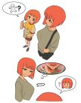  ... 2girls ? bag blunt_bangs blunt_ends blush bob_cut breasts cup daughter_(yoru_mac) disposable_cup family fast_food handbag heart heavy_breathing highres holding implied_sex large_breasts long_sleeves mcdonald&#039;s money mother_(yoru_mac) mother_and_daughter multiple_girls open_mouth orange_hair shirt short_hair short_sleeves simple_background speech_bubble sweat sweater thought_bubble vulcan_(ejel2000) white_background yellow_shirt yoru_mac 