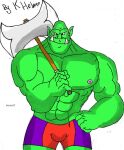  2007 abs axe bottomwear bulge clothing graphite_(artwork) green_body green_skin hi_res humanoid konanarillah looking_at_viewer male marker_(artwork) muscular muscular_male nipples orc pecs pencil_(artwork) pink_nipples red_eyes shirtless shorts signature solo traditional_media_(artwork) trassk tusks 