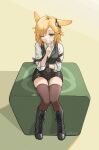  1girl absurdres animal_ears antenna_hair arknights artist_name black_shorts black_thighhighs black_vest blonde_hair collared_shirt cube ear_ornament finger_to_mouth green_eyes hand_up highres index_finger_raised jiuyu_qame kroos_(arknights) kroos_the_keen_glint_(arknights) long_sleeves looking_at_viewer medium_hair official_alternate_costume one_eye_closed rabbit_ears rabbit_girl shirt shorts shushing simple_background sitting skindentation solo thighhighs thighs unusually_open_eyes vest white_shirt yellow_background 