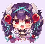  1girl :d bare_shoulders barefoot black_skirt blue_ribbon blush braid chibi commentary_request duel_monster fang full_body hair_ribbon horns long_hair looking_at_viewer purple_background purple_hair red_eyes ribbon simple_background skirt smile solo standing suzunone_rena traptrix_atrax twin_braids twintails very_long_hair yu-gi-oh! 