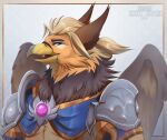  2023 absurd_res anthro armor artist_name avian beak blue_eyes brown_ears bust_portrait clothed clothing dated ears_back feathered_wings feathers glistening glistening_eyes hair hi_res looking_at_viewer male narrowed_eyes open_mouth orange_body pivoted_ears portrait santanahoffman simple_background solo tan_body tan_hair wings yellow_beak 