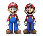  2boys blue_eyes blue_overalls boots brown_footwear brown_hair clenched_hands dual_persona facial_hair gloves highres looking_at_viewer mario mario_&amp;_luigi_rpg mario_(series) masanori_sato_(style) multiple_boys mustache overalls red_headwear red_shirt shirt short_hair simple_background standing white_background white_gloves ya_mari_6363 