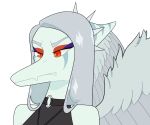  amber_eyes anthro blue_body clothed clothing doomed_predator fang_(gvh) feathered_wings feathers female goodbye_volcano_high grey_body grey_feathers hair headshot_portrait hi_res makeup portrait pterodactylus pterosaur reaction_image reptile scalie silver_hair simple_background solo wings 