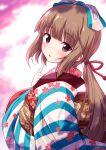  1girl absurdres blunt_bangs blurry blurry_background blush brown_eyes brown_hair commentary_request depth_of_field highres idolmaster idolmaster_cinderella_girls idolmaster_cinderella_girls_starlight_stage japanese_clothes kimono long_hair long_sleeves looking_at_viewer looking_to_the_side obi parted_lips sash solo striped striped_kimono ugume vertical-striped_kimono vertical_stripes very_long_hair wide_sleeves yorita_yoshino 