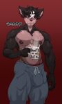  anthro areola beverage big_bulge black_hair bulge canid canine canis castbound clothed clothing domestic_dog english_text eye_bags facial_hair hair hi_res looking_away male mammal mug muscular red_clothing red_eyes red_underwear russell_(castbound) solo steam sweatpants text thick_thighs topless underwear 