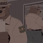  2023 anthro bear bottomwear brown_body butt cellphone clothing detailed_background hat headgear headwear hi_res humanoid_hands male mammal mirror pants phone shirt smartphone smokey_bear solo thebearalliance topwear united_states_forest_service 
