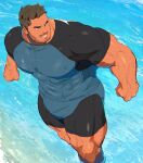  1boy bara beard_stubble black_bodysuit black_male_swimwear blue_bodysuit blue_male_swimwear bodysuit broad_shoulders bulge clenched_hands covered_abs dark-skinned_male dark_skin diving_suit feet_out_of_frame from_above grin highres large_pectorals looking_to_the_side male_focus male_swimwear marucoi_(metabosukiy) mature_male muscular muscular_male mustache_stubble ocean original pectorals short_hair sideburns smile solo thick_thighs thighs turning_head two-tone_bodysuit v-shaped_eyebrows wading water wet wetsuit 