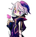  13_31n 1girl androgynous arm_at_side arm_warmers bug butterfly butterfly_on_hand closed_mouth commentary_request expressionless flower_(vocaloid) flower_(vocaloid4) from_side grey_hair hand_up light_frown looking_at_viewer looking_to_the_side multicolored_hair open_clothes open_vest purple_eyes purple_hair purple_nails purple_shirt purple_vest shirt short_hair signature simple_background single_arm_warmer solo streaked_hair upper_body vest vocaloid white_background 