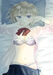  1girl arms_up bed_sheet blonde_hair blue_eyes blush bow bow_bra bow_panties bra breasts cleavage clothes_pull commentary from_above grey_bra grey_panties highres long_sleeves looking_at_viewer lying medium_breasts object_hug on_back on_bed open_clothes open_skirt original osumi_izumi panties parted_lips partially_unbuttoned pillow pillow_hug school_uniform shirt short_hair skirt skirt_pull solo striped striped_bra underwear vertical-striped_bra vertical_stripes white_shirt 