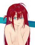 1girl ahoge aqua_eyes breasts breasts_apart closed_mouth commentary eyelashes hair_between_eyes hand_on_own_chin highres hipa_(some1else45) long_hair looking_at_viewer medium_breasts one_side_up original red_hair sidelocks solo some1else45 symbol-only_commentary topless upper_body 