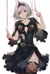  1girl a082 alter_ego_conjurer_(granblue_fantasy) belt black_dress black_nails black_thighhighs breasts breasts_apart cleavage_cutout clothing_cutout collarbone cowboy_shot djeeta_(granblue_fantasy) dress granblue_fantasy grey_hair groin hairband hands_up head_tilt looking_at_viewer open_mouth red_eyes short_hair simple_background small_breasts smile solo string thighhighs torn_clothes torn_dress white_background 