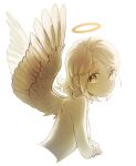  1girl angel angel_wings backlighting bon_bon_eee breasts commentary_request feathered_wings halo highres kagamine_rin korean_commentary light_blush looking_at_viewer looking_back monochrome narrow_waist short_hair small_breasts smile topless turning_head upper_body vocaloid wings yellow_theme 