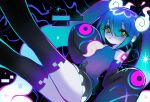  1girl :o absurdres aqua_hair bare_shoulders black_skirt black_sleeves black_thighhighs blue_hair commentary detached_sleeves feet_out_of_frame ghost_miku_(project_voltage) grace_hosanna_marquez_carranco hatsune_miku highres legs_up long_hair looking_at_viewer necktie parted_lips pokemon project_voltage purple_shirt shirt simple_background skirt solo thighhighs very_long_hair vocaloid white_necktie yellow_eyes 