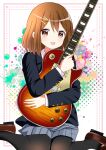  1girl absurdres blazer brown_eyes brown_hair guitar hair_ornament hairclip happy_birthday highres hirasawa_yui holding holding_instrument hugging_object instrument jacket k-on! knees_together_feet_apart loafers looking_at_viewer open_mouth pantyhose ryoutan sakuragaoka_high_school_uniform school_uniform shoes short_hair sitting skirt smile solo 