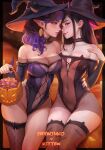 2girls black_hair blush breasts candy choker cleavage cleavage_cutout clothing_cutout curly_hair detached_sleeves earrings english_commentary english_text fishnets food gold_earrings hat heart highres jewelry kittew medium_breasts multiple_girls pointy_ears prywinko pumpkin purple_hair purple_nails real_life red_eyes sitting straight_hair thighhighs wide_hips witch_hat yellow_eyes 