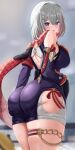  1girl absurdres ass ass_grab breasts cameltoe from_behind from_side gloves grabbing_own_ass highres honkai:_star_rail honkai_(series) huge_ass large_breasts multicolored_hair sideboob thick_thighs thigh_strap thighs topaz_(honkai:_star_rail) tyrzul white_hair 
