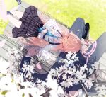  1boy 1girl ahoge aji_aji_nori bench black_footwear blue_archive blue_footwear blue_necktie cherry_blossoms closed_eyes clothes_grab collared_shirt double-parted_bangs falling_petals formal from_above grey_pants grey_skirt grey_suit halo highres hoshino_(blue_archive) id_card kneehighs long_hair long_sleeves lying necktie no_gloves on_back on_bench open_mouth outdoors pants petals pink_hair plaid plaid_skirt puffy_long_sleeves puffy_sleeves sensei_(blue_archive) shirt sitting sitting_on_bench skirt socks strap suit very_long_hair white_shirt white_socks 