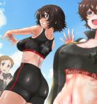  4girls :&lt; akaboshi_koume ass bike_shorts black_jacket black_shorts black_sports_bra blue_eyes blue_sky blurry blurry_foreground brown_hair clothes_writing cloud cloudy_sky commentary day depth_of_field emblem english_text from_behind german_text girls_und_panzer grin half-closed_eyes highres interlocked_fingers itsumi_erika&#039;s_loader jacket kojima_emi kuromorimine_(emblem) long_hair looking_at_viewer looking_back mauko_(girls_und_panzer) midriff multiple_girls nabeyu navel open_clothes open_jacket open_mouth outdoors own_hands_together ponytail short_hair shorts single_vertical_stripe sky smile solid_oval_eyes sports_bra sportswear standing stretching sweat sweatdrop tan tanlines track_jacket very_long_hair waving wavy_hair 
