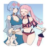  2girls :d ^_^ bare_shoulders bikini blue_bikini blue_hair blue_nails blue_skirt blunt_bangs blush braid breasts cleavage closed_eyes commentary_request cropped_legs crown_braid do_m_kaeru eyewear_on_head fire_emblem fire_emblem:_three_houses fire_emblem_heroes grey_eyes hand_on_another&#039;s_shoulder hilda_valentine_goneril hilda_valentine_goneril_(summer) holding holding_umbrella long_hair looking_at_another marianne_von_edmund marianne_von_edmund_(summer) multiple_girls navel off_shoulder official_alternate_costume open_mouth pink_bikini pink_nails round_eyewear skirt smile sunglasses swimsuit twintails umbrella 