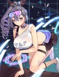  1girl aged_up alternate_breast_size artist_name black_shorts breasts crop_top crossed_bangs drill_ponytail eyewear_on_head fishnet_socks fishnets fur-trimmed_jacket fur_trim goggles goggles_on_head gradient-tinted_eyewear grey_eyes grey_hair highres honkai:_star_rail honkai_(series) jacket large_breasts long_hair orange_sekaii ponytail purple-tinted_eyewear shirt shorts silver_wolf_(honkai:_star_rail) single-shoulder_shirt single_drill socks solo thigh_strap thighs tinted_eyewear white_shirt 