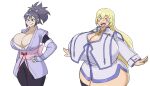  2girls alternate_breast_size black_hair blonde_hair breasts cleavage colette_brunel fujibayashi_sheena gigantic_breasts happy highres huge_breasts large_breasts multiple_girls non-web_source shirt tales_of_(series) tales_of_symphonia thick_thighs thighs tight_clothes tight_shirt wide_hips 