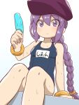  1girl aged_down bare_shoulders beret blue_one-piece_swimsuit blush bracelet braid braided_ponytail breasts collarbone fate/grand_order fate_(series) food guriguri_(arayotto4351) hat highres jewelry long_hair looking_at_viewer name_tag old_school_swimsuit one-piece_swimsuit popsicle purple_eyes purple_hair purple_headwear school_swimsuit sidelocks sion_eltnam_sokaris sitting small_breasts solo swimsuit thighs wet 