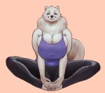  anthro barefoot big_breasts breasts canid canine canis cleavage clothed clothing domestic_dog eyebrows feet female fingers fur hi_res huge_breasts leggings legwear looking_at_viewer mammal odisia orange_eyes shirt sitting solo tank_top topwear white_body white_fur 